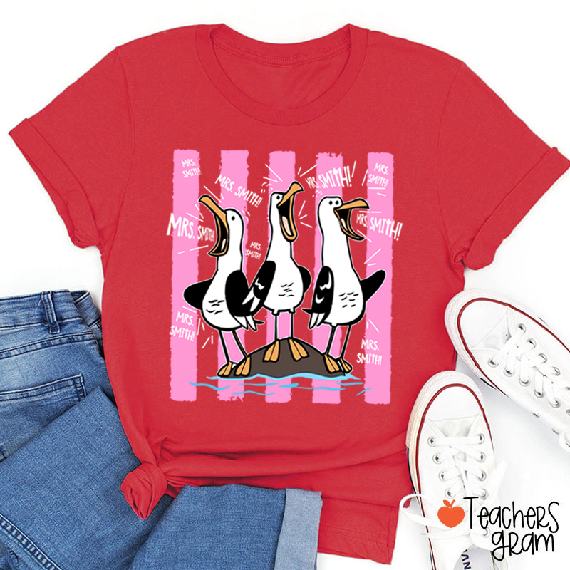 Personalized Pink Stripes Seagull Meme Teacher T-Shirt
