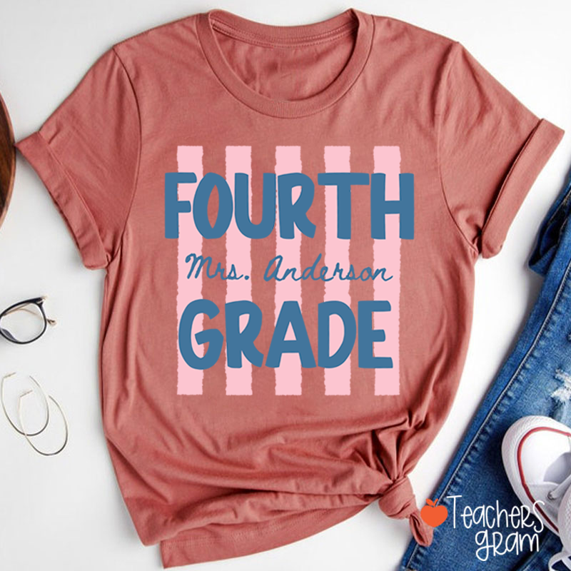 Personalized Name And Grade Preppy Stripes Teacher T-Shirt