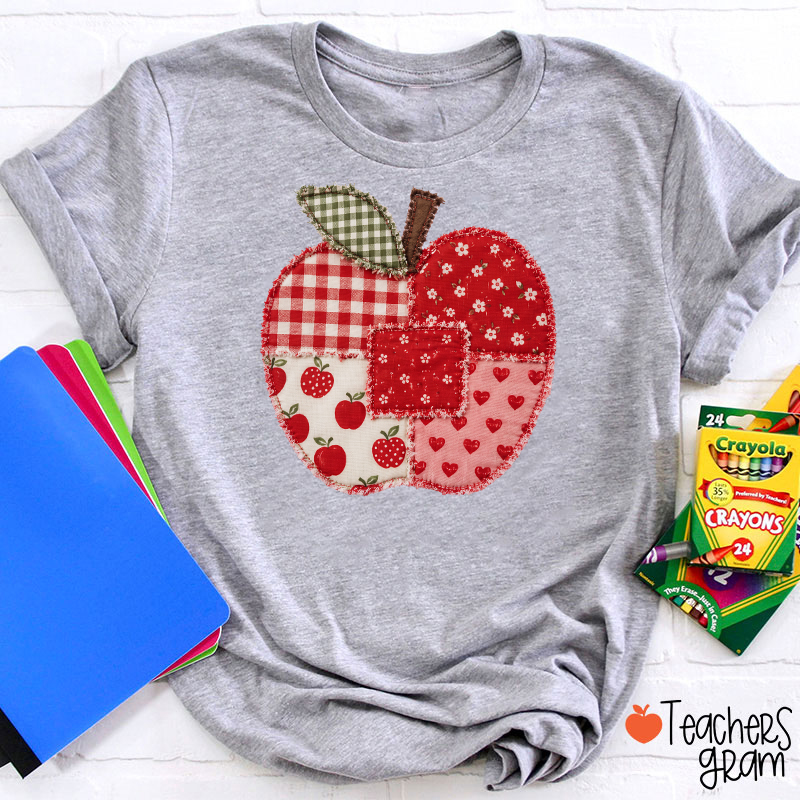 Vintage Patchwork Apple Gingham Floral Heart Teacher Graphic Teacher T-Shirt