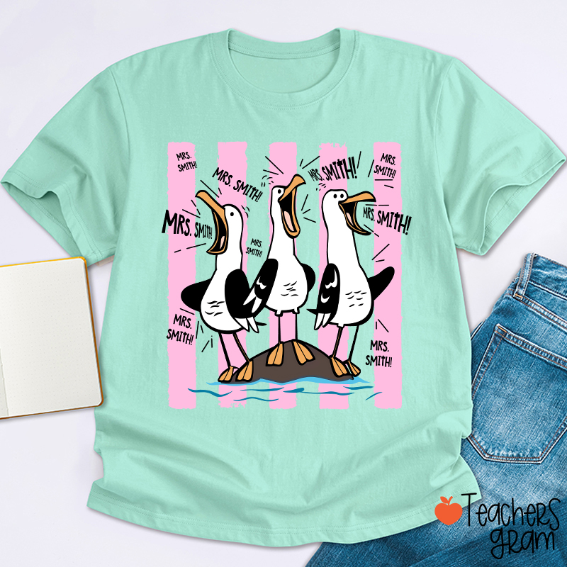 Personalized Pink Stripes Seagull Meme Teacher T-Shirt