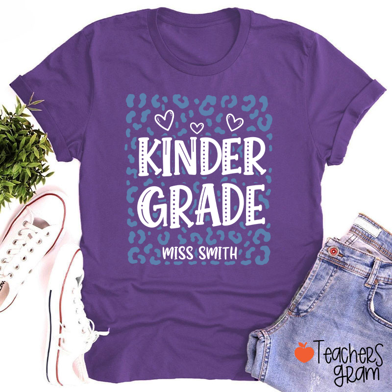 Personalized Name And Grade Leopard Heart Teacher T-Shirt