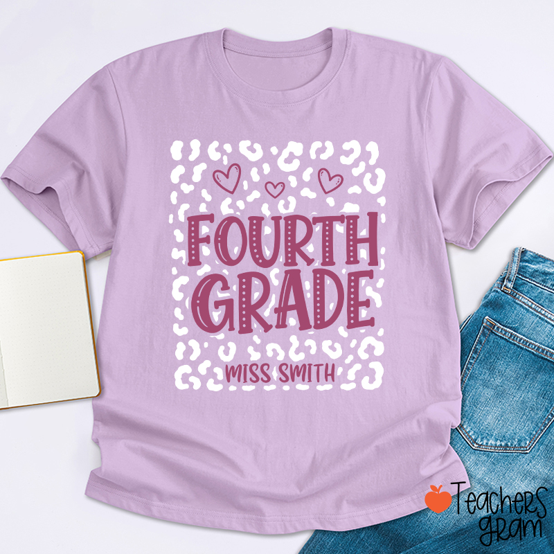 Personalized Name And Grade Leopard Heart Teacher T-Shirt