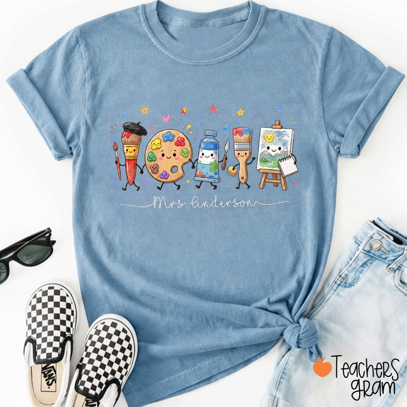 Personalized Name Cartoon Art Supplies Art Teacher Graphic Teacher T-Shirt