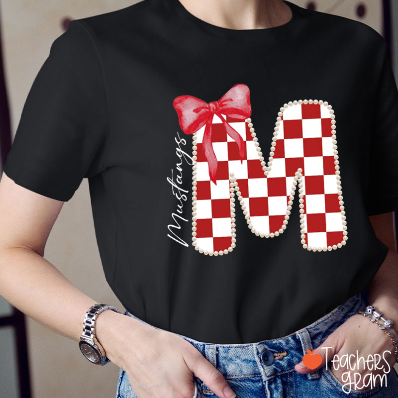 Personalized Mascot Pearl Checkered Letter Bow Teacher T‑Shirt