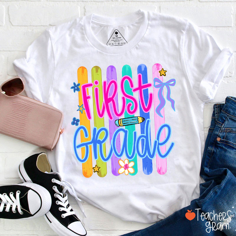 Personalized Grade Watercolor Stripes Teacher T-Shirt