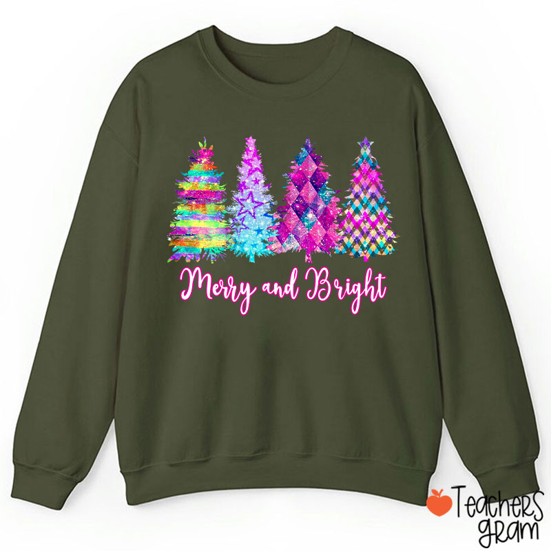 Merry And Bright Colorful Christmas Tree Teacher Sweatshirt
