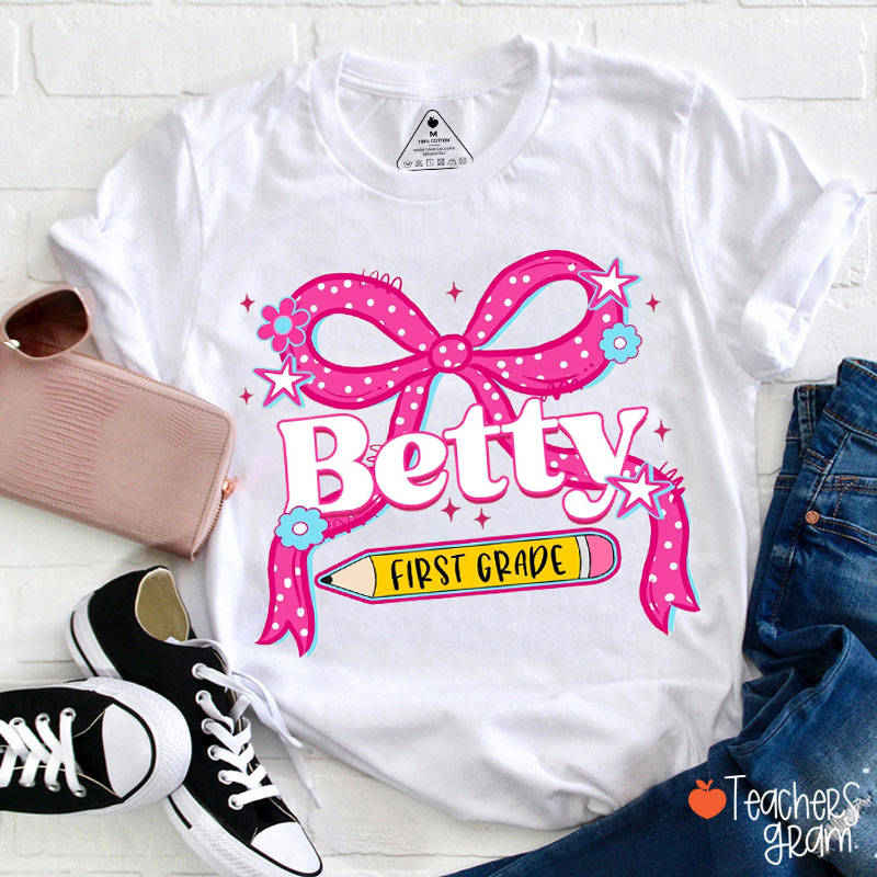 Personalized Name And Grade Polka Dot Bow Teacher T-Shirt