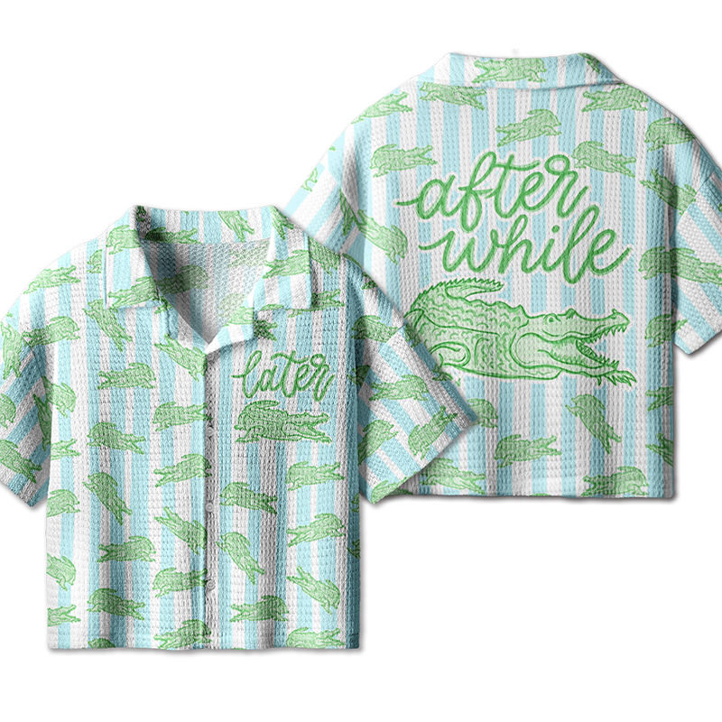 After While Crocodile Girly Preppy Boutique Teacher Crochet Crop Camp Shirt