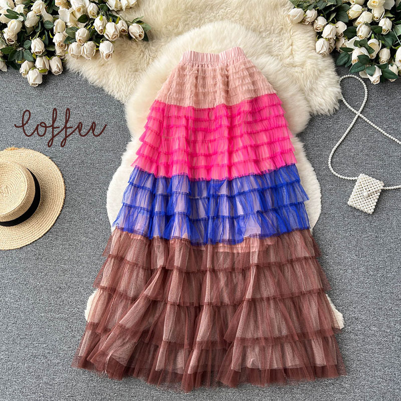 Gradient Color Irregular Mesh Long Cake Skirt Dress