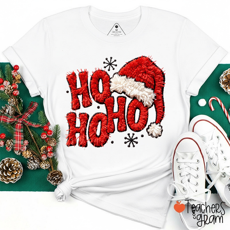 Faux Yarn Ho Ho Ho  Santa Hat Teacher T-Shirt