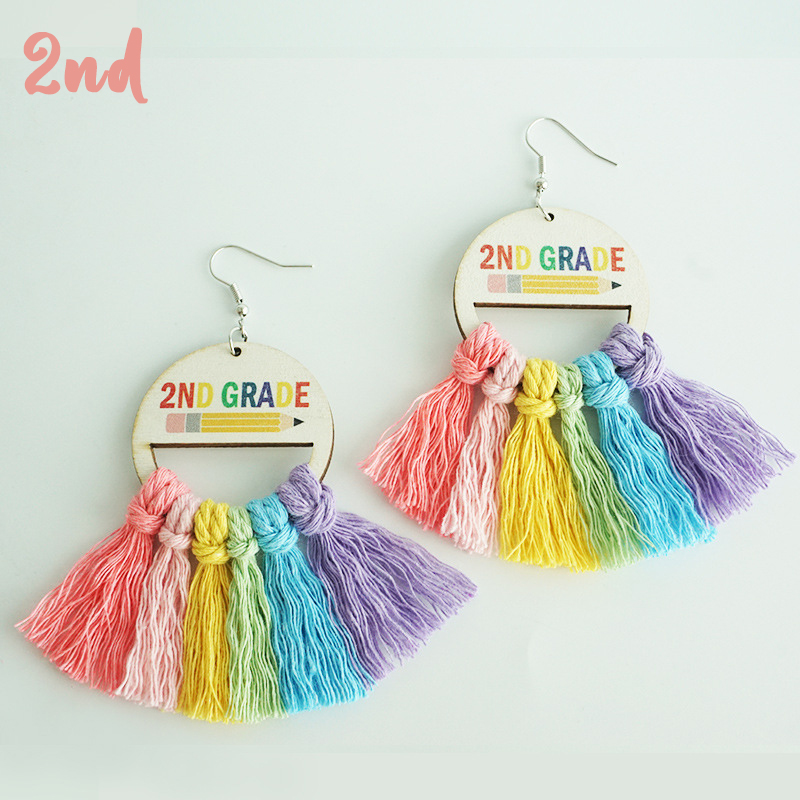 Grade Tassel Rainbow Teacher Wooden Earrings