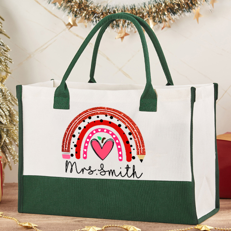 Personalized Rainbow Pencil Heart Shaped Apple Teacher Cotton Tote Bag