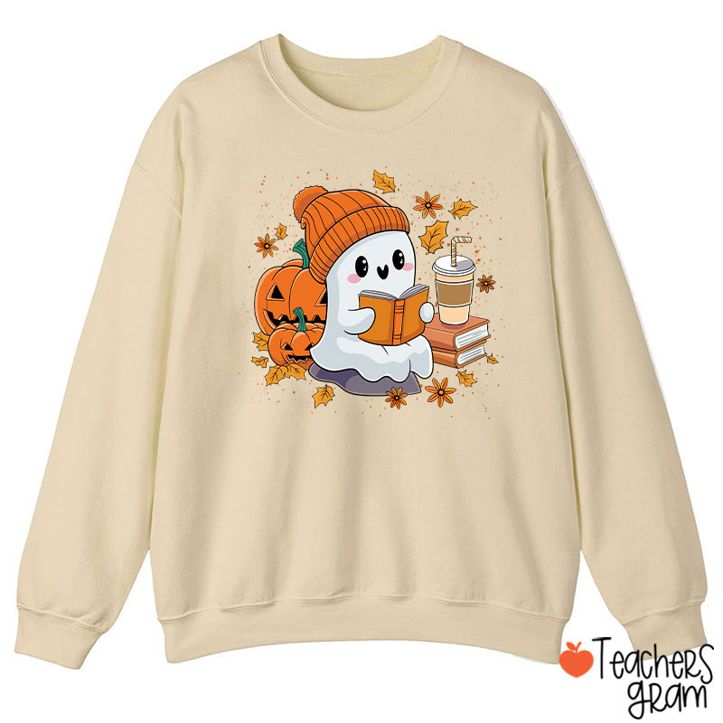 Reading Ghost Pumpkin Halloween Teacher Sweatshirt
