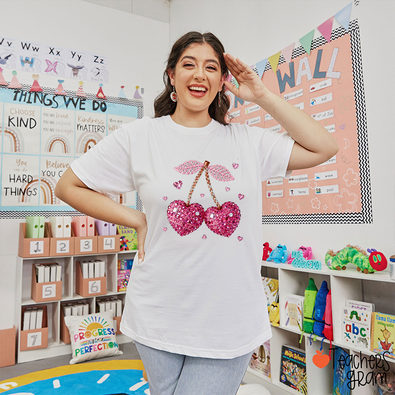 Faux Yarn Sparkle Rhinestone Jeweled Cherry Heart Teacher T-Shirt