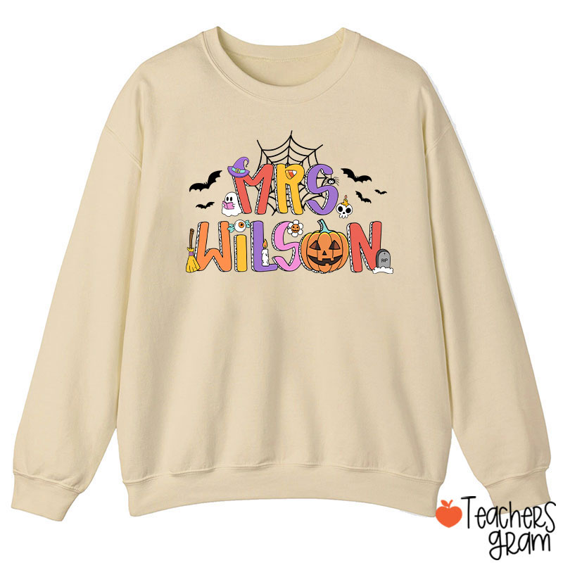 Personalized Name Spider Web Ghost Pumpkin Teacher Sweatshirt