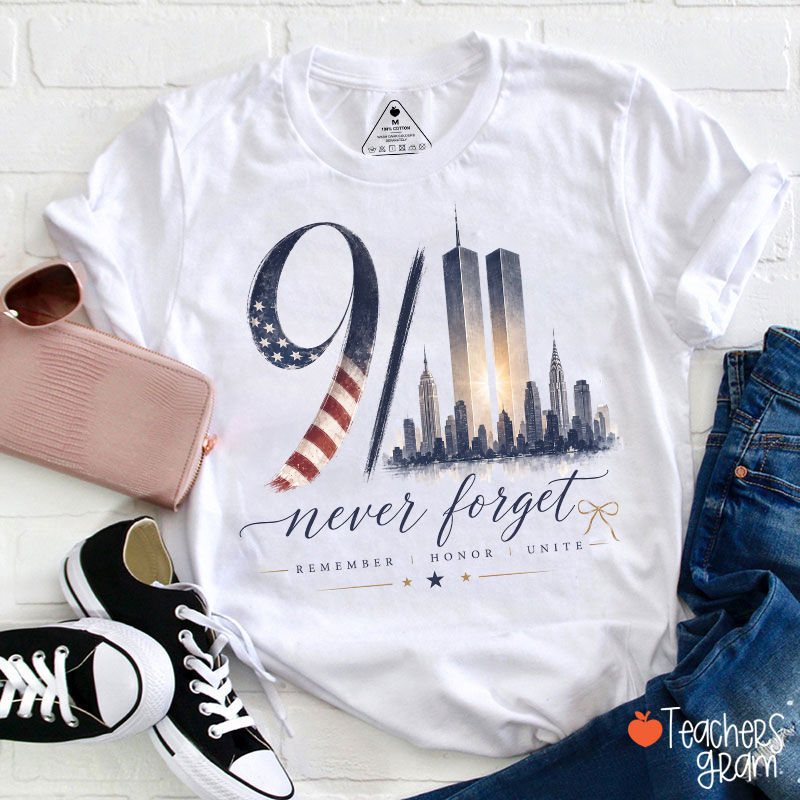 911 Never Forget Patriotic New York Skyline Graphic Teacher T‑Shirt