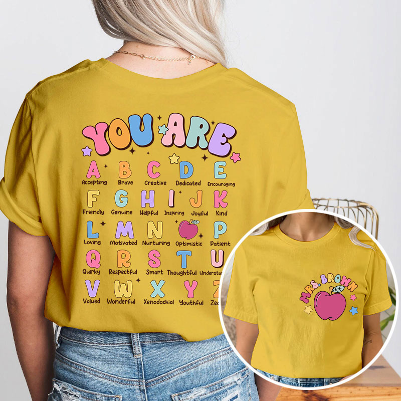 Personalized Alphabet Positivity Teaching Teacher Two Sided T-Shirt
