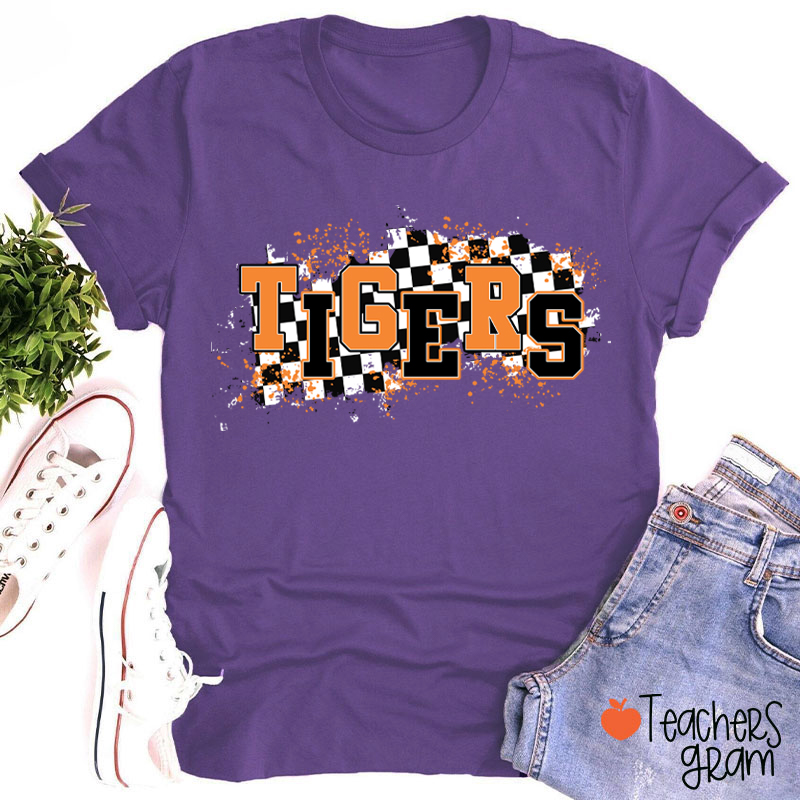 Personalized Mascot School Spirit Checkered Print Teacher T-Shirt
