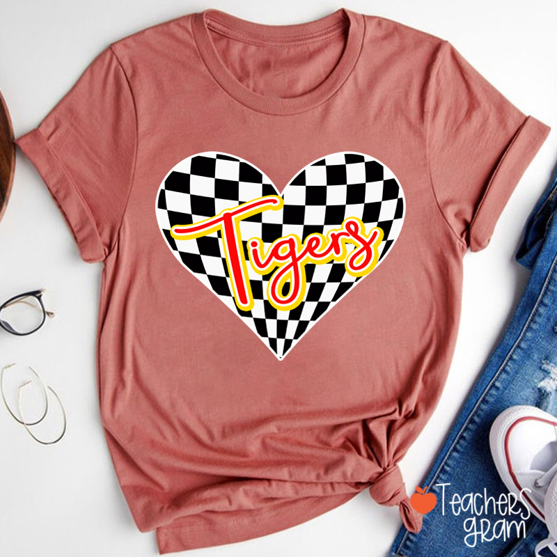 Personalized Mascot Checkerboard Love Heart Teacher T-Shirt