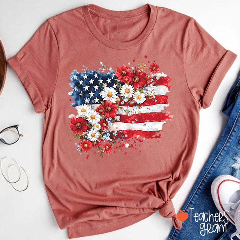 Flower National Flag Teacher T-Shirt