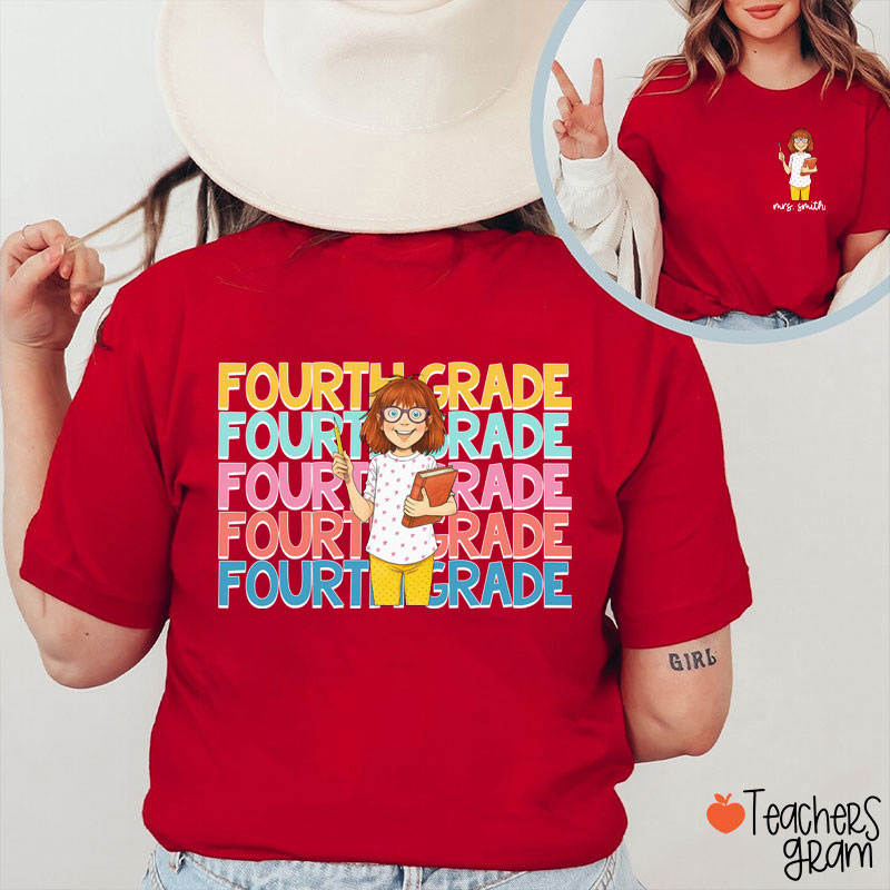 Personalized Grade And Name Cartoon Teacher Reading Teacher Two Sided T-Shirt