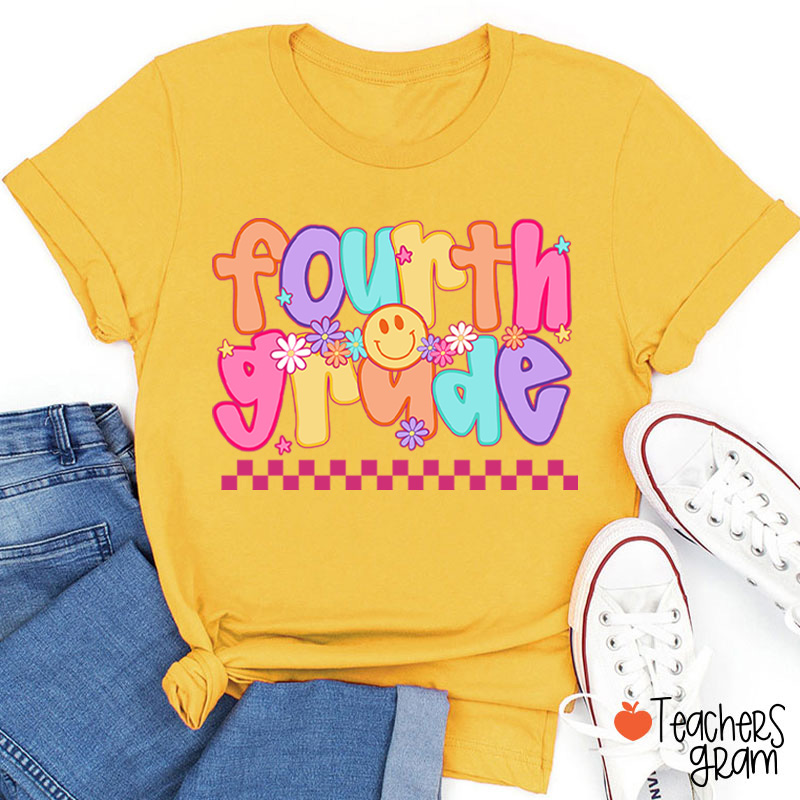 Personalized Grade Candy Color Fonts Checkered Teacher T-Shirt