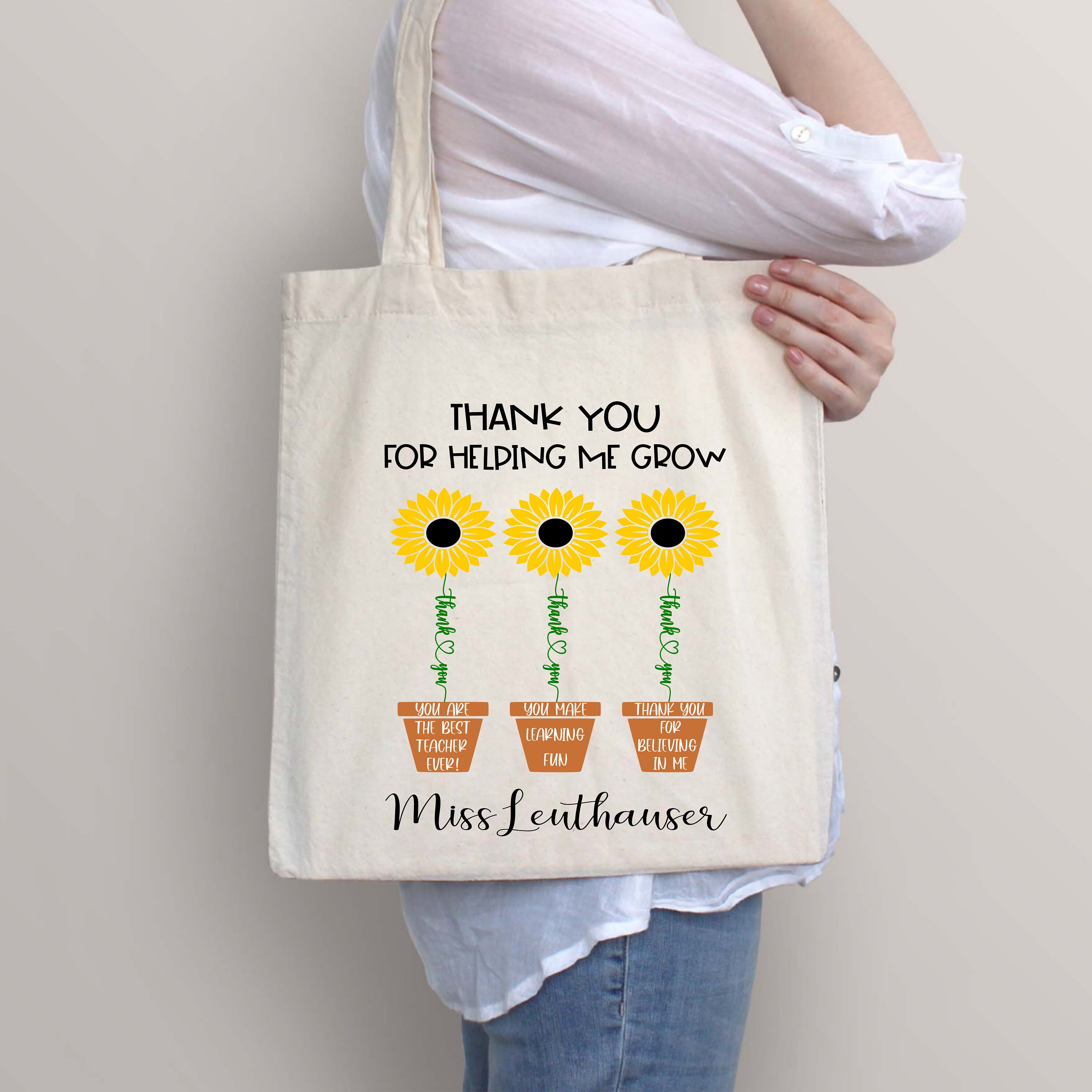 Personalized Thank You Helping Me Grow Teacher Tote Bag