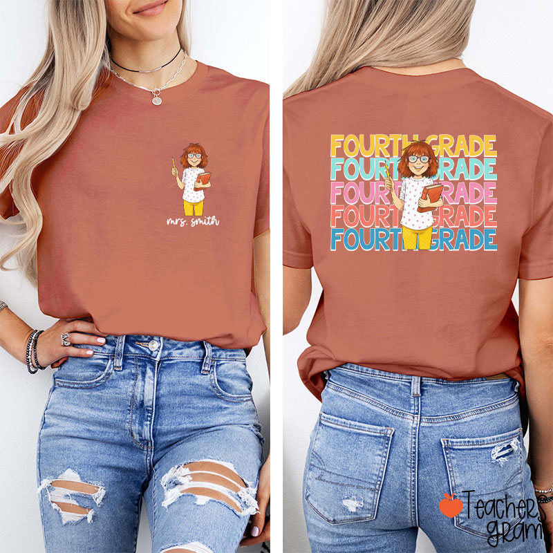Personalized Grade And Name Cartoon Teacher Reading Teacher Two Sided T-Shirt