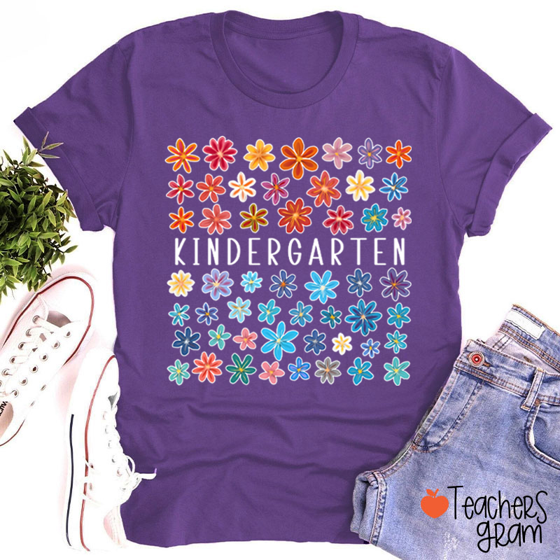 Personalized Grade Colored Flowers Teacher T-Shirt