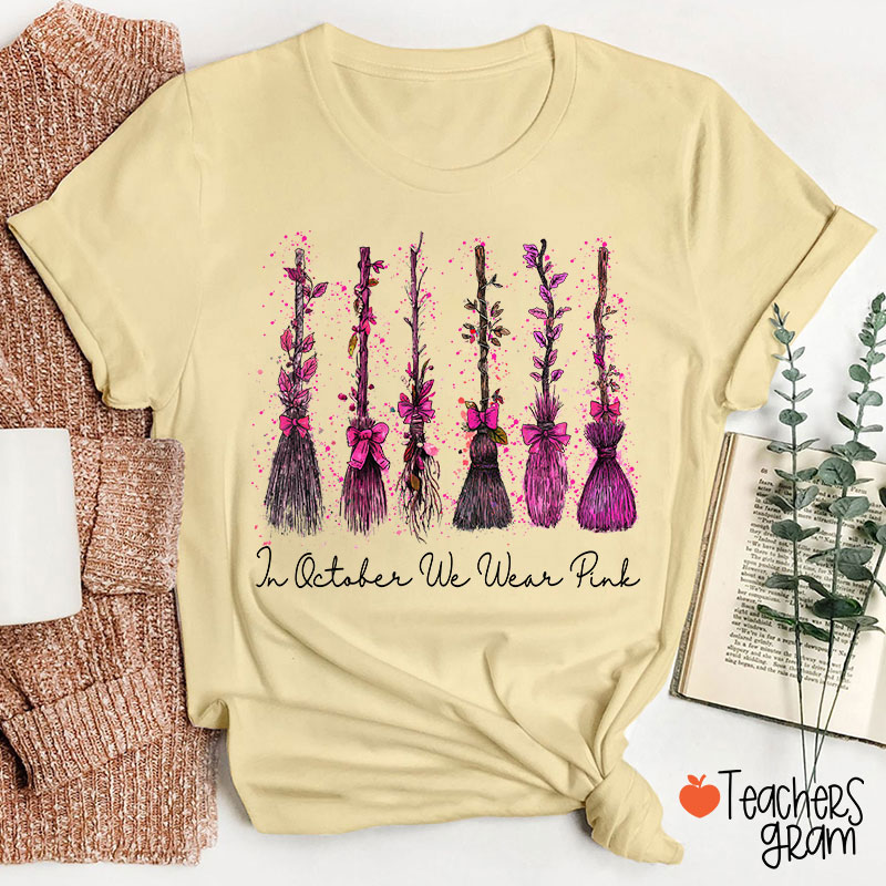 On Wednesday We Wear Pink Witch Broom Teacher T-Shirt