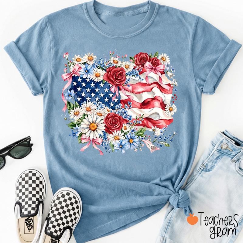 American Flag Floral Teacher T-Shirt