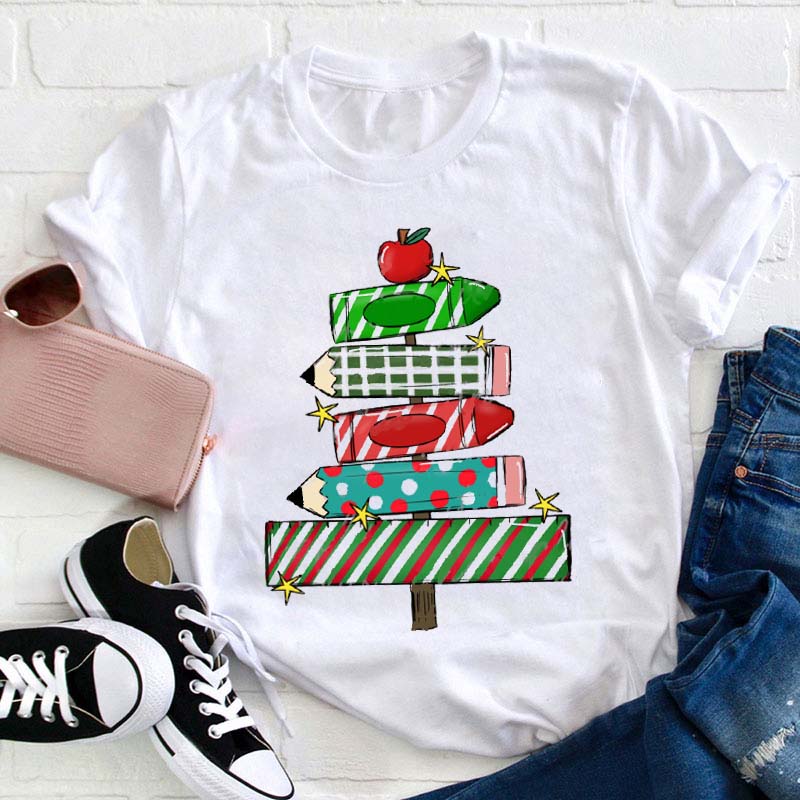 Apple Pencil Ruler Christmas Tree Teacher T-Shirt