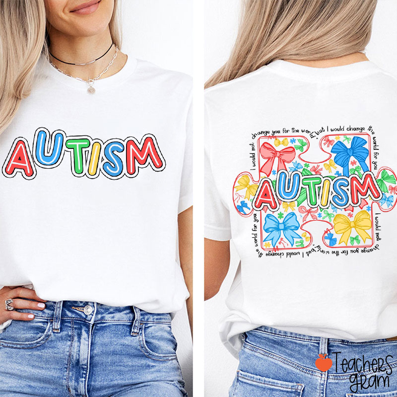 Autism Awareness Puzzle Bow Teacher Two Sided T-Shirt
