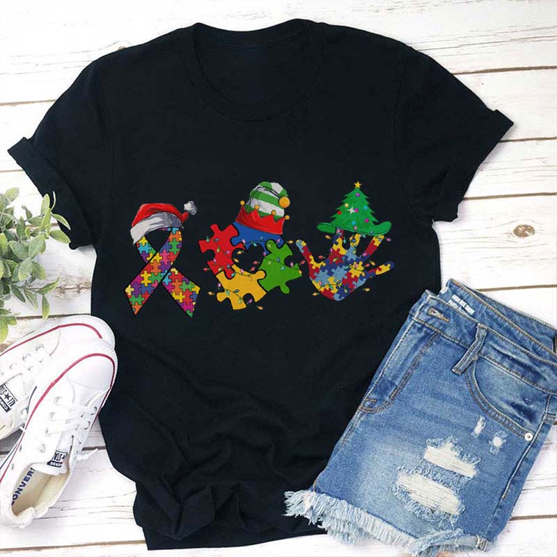 Autism Puzzle Pieces Christmas Lights Teacher T-Shirt