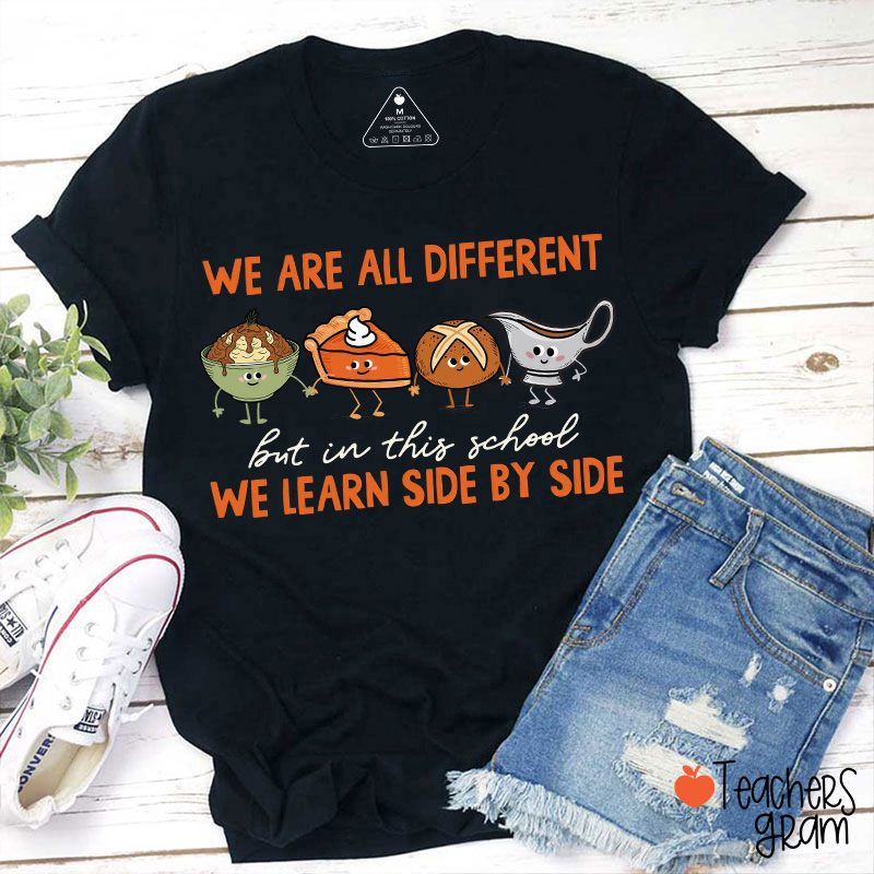 We Are All Different But In This School We Learn Side By Side Teacher T-Shirt