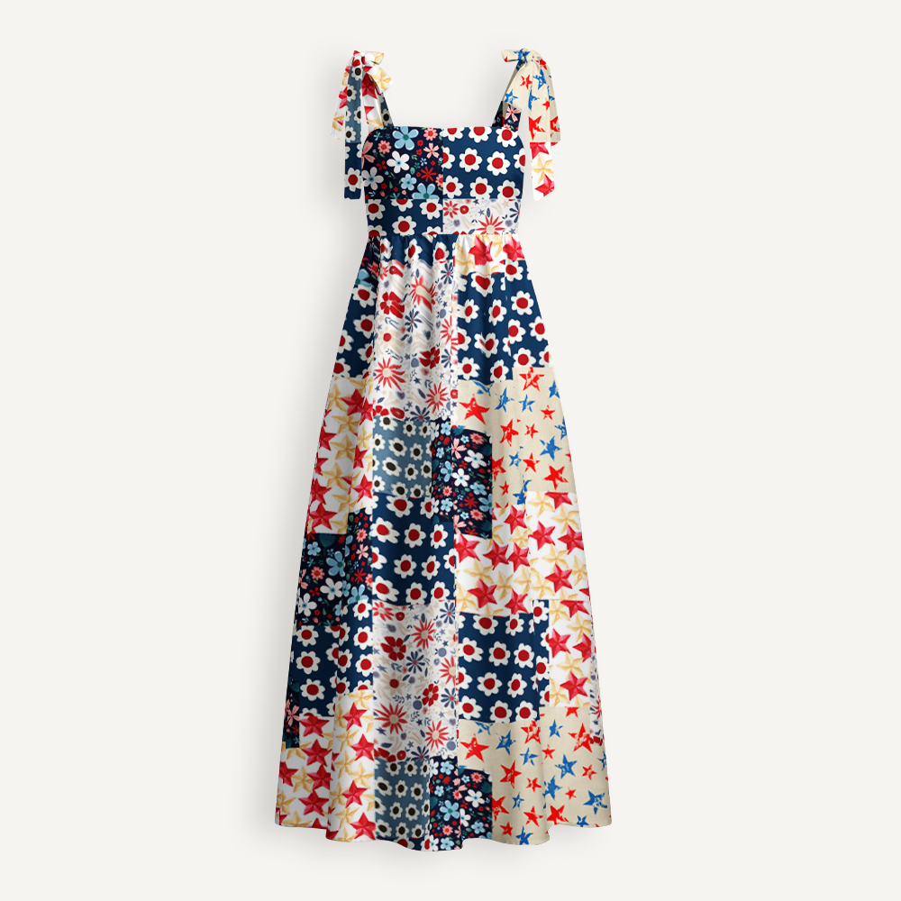 Boho Star Floral Patriotic Teacher Tie Shoulder Dress