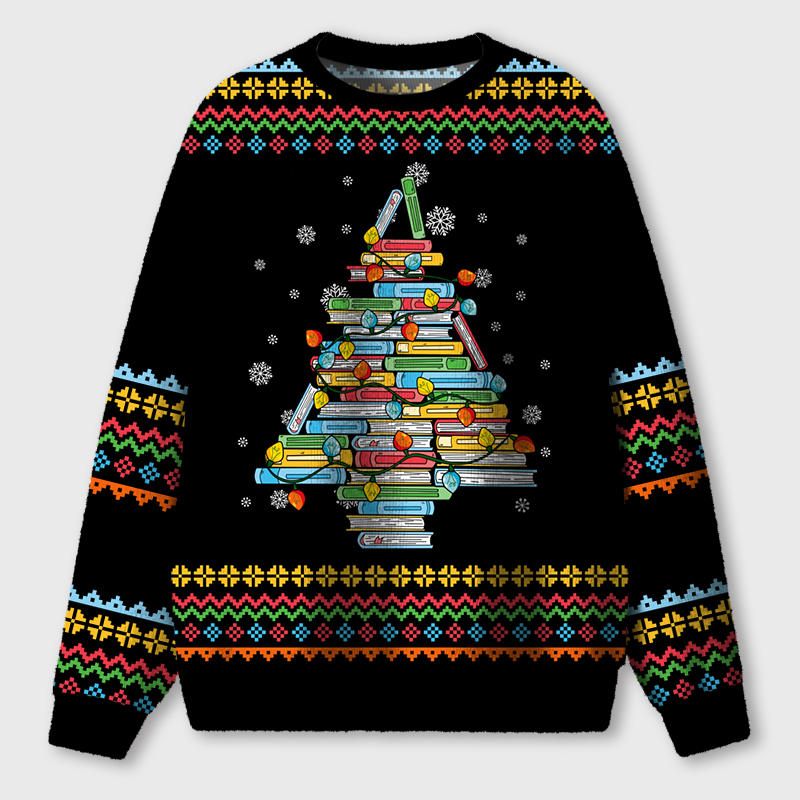 Books Christmas Tree Lights Teacher Ugly Fluffy Christmas Sweater