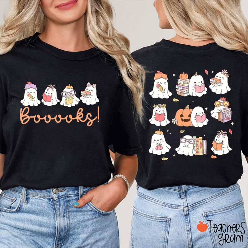 Booooks Cute Ghosts Teacher Two Sided T-Shirt