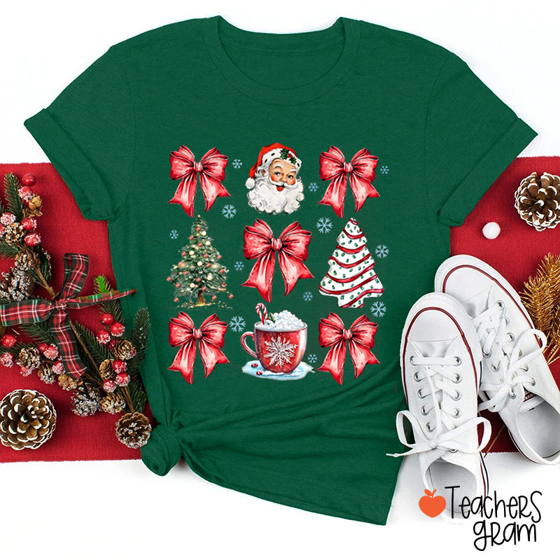 Bow Santa Claus Christmas Tree Teacher T-Shirt
