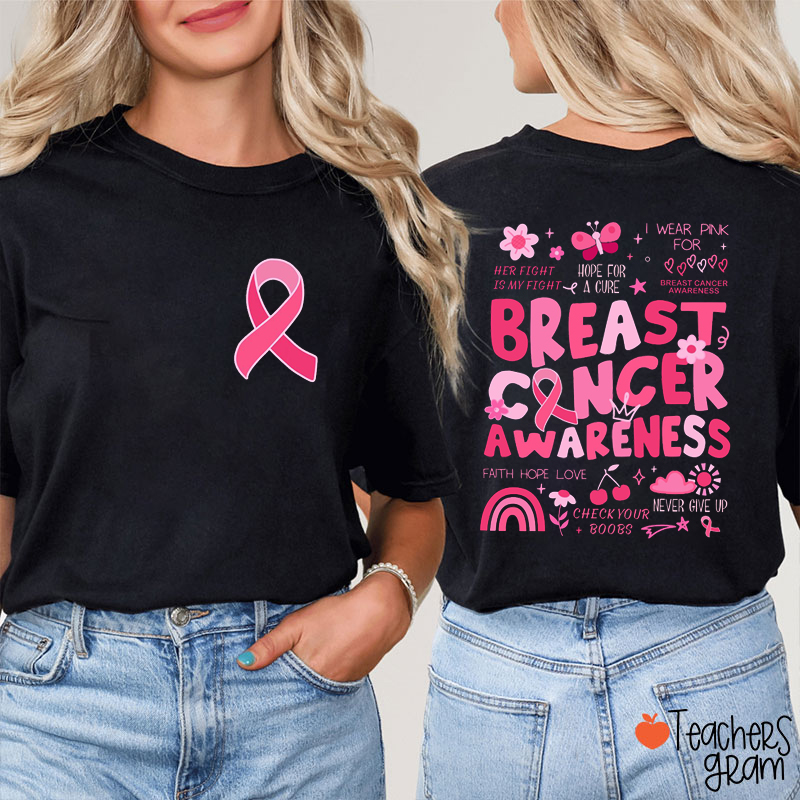 Colorful Breast Cancer Awareness Teacher Two Sided T-Shirt