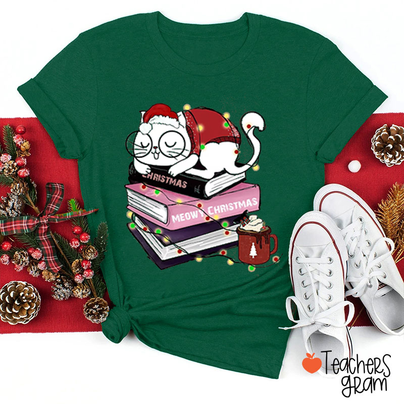 Cat Sleeping On A Book Christmas Teacher T-Shirt