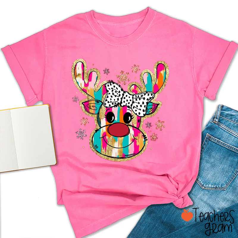 Coquette Bow Bright Color Reindeer Christmas Teacher T-Shirt