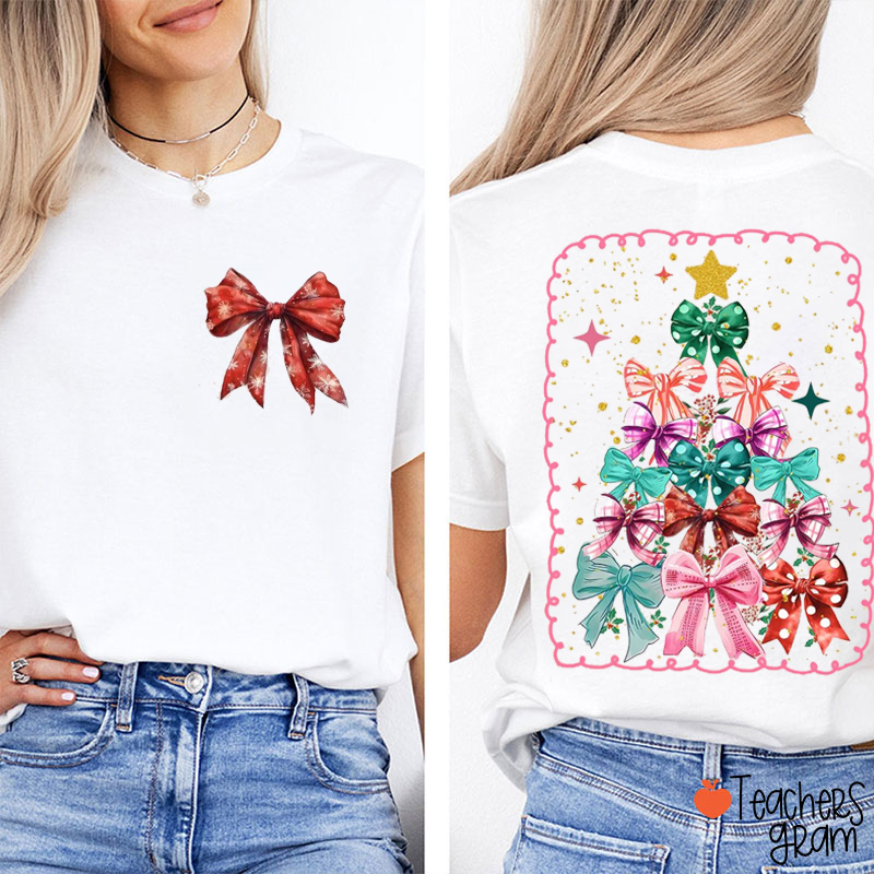 Coquette Bow Christmas Tree Teacher Two Sided T-Shirt