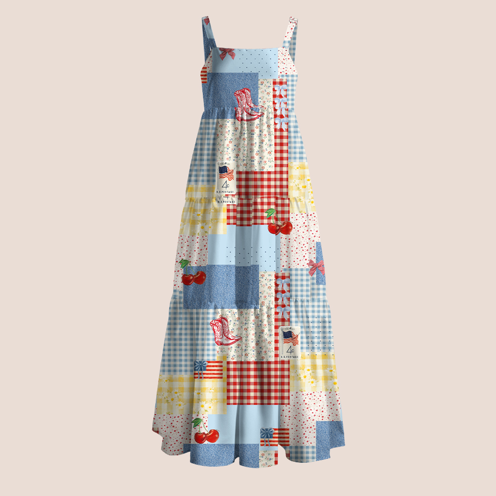Country Faux Patchwork Print Patriotic Teacher Slip Dress
