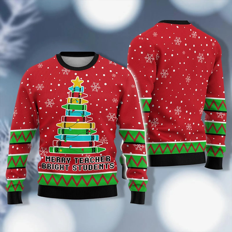 Crayon Christmas Tree Teacher Ugly Fluffy Christmas Sweater