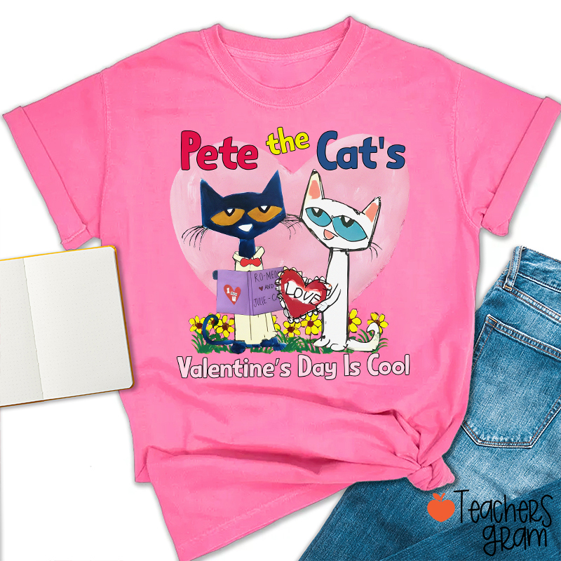 Blue And White Cat Valentine's Day Is Cool Teacher T-Shirt