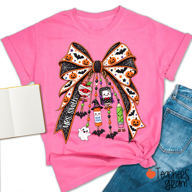 Personalized Name Spooky Charm Bow Teacher T-Shirt