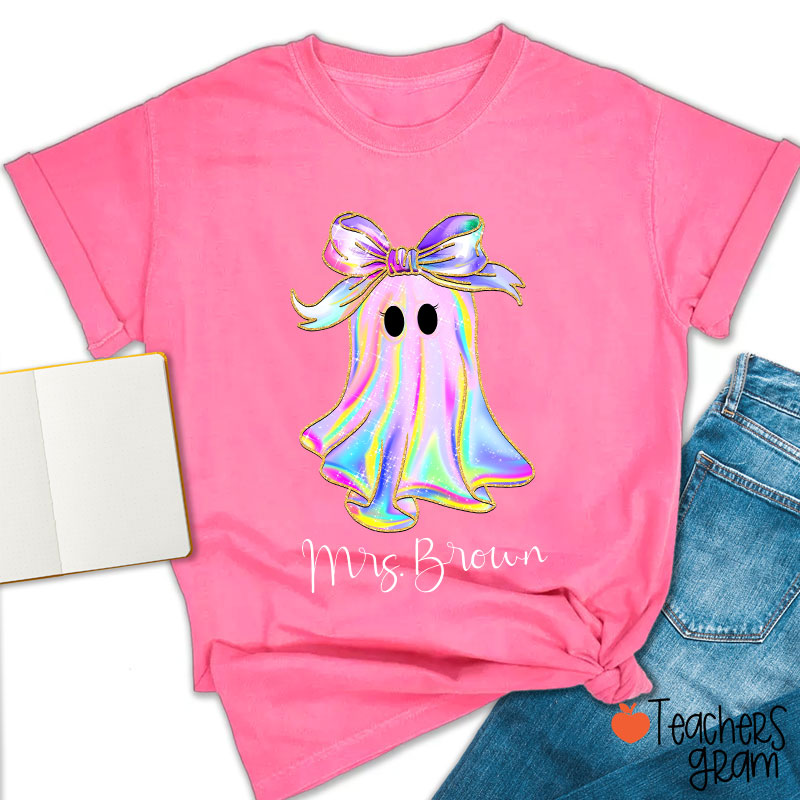 Personalized Name Colorful Neon Bow Ghost Teacher T-Shirt