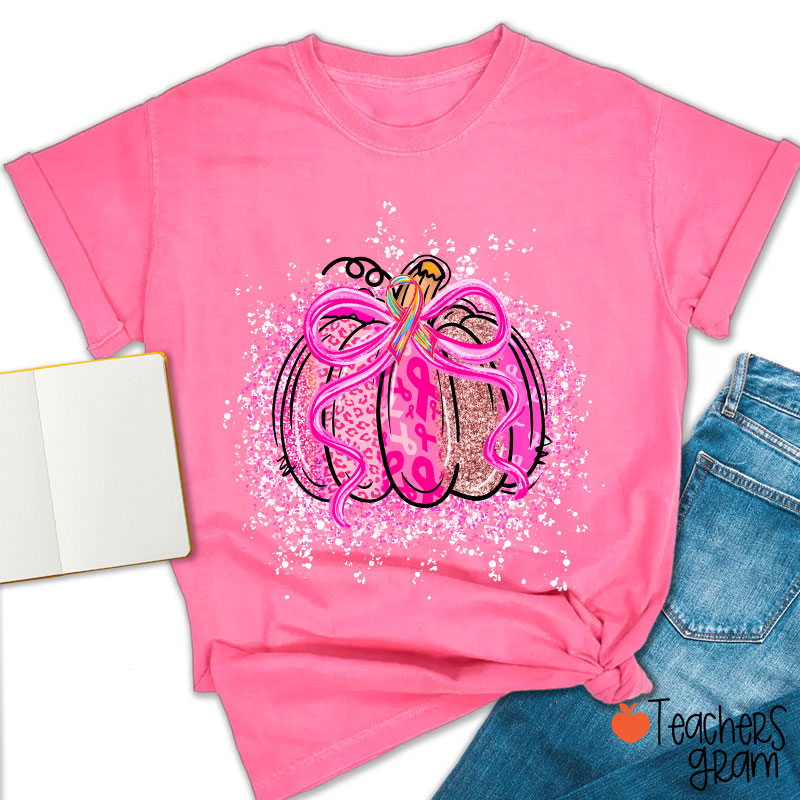 Pumpkin Theme Pink Ribbon Teacher T-Shirt