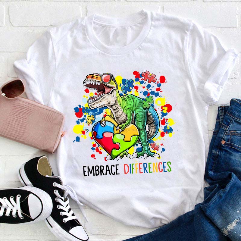 Embrace Differences Autism Dinosaur Teacher T-Shirt